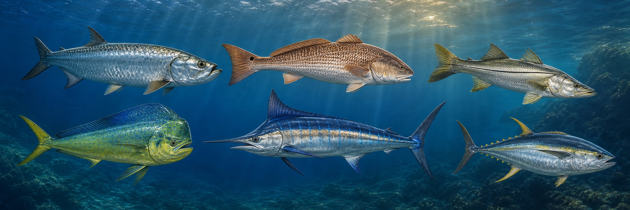 Tarpon, redfish, snook, mahi-mahi, blue marlin, and yellowfin tuna swimming in blue water