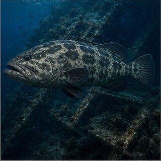Black grouper beside a coral reef